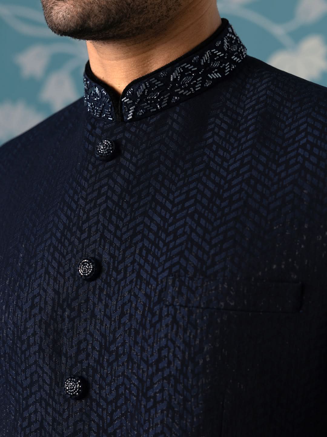 Midnight Blue Textured Bandhgala Set