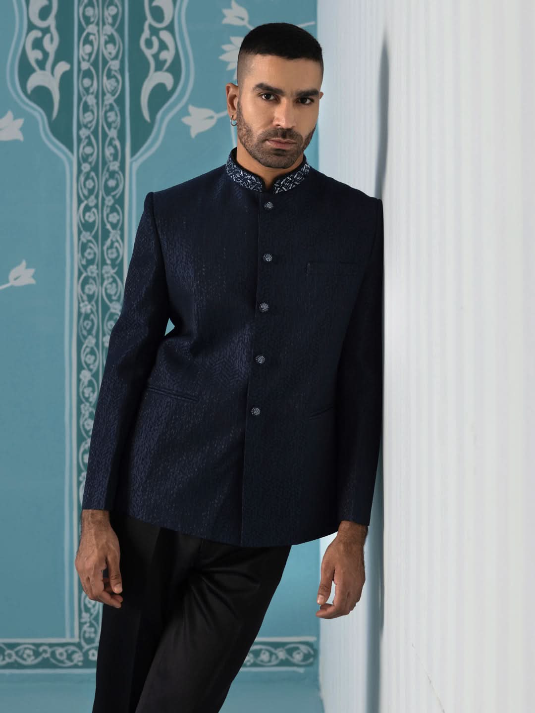 Midnight Blue Textured Bandhgala Set