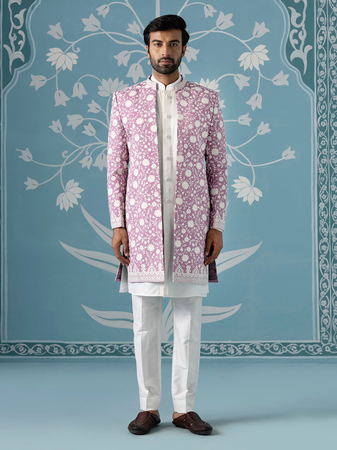 Lilac Floral Embroidered Long Jacket Set