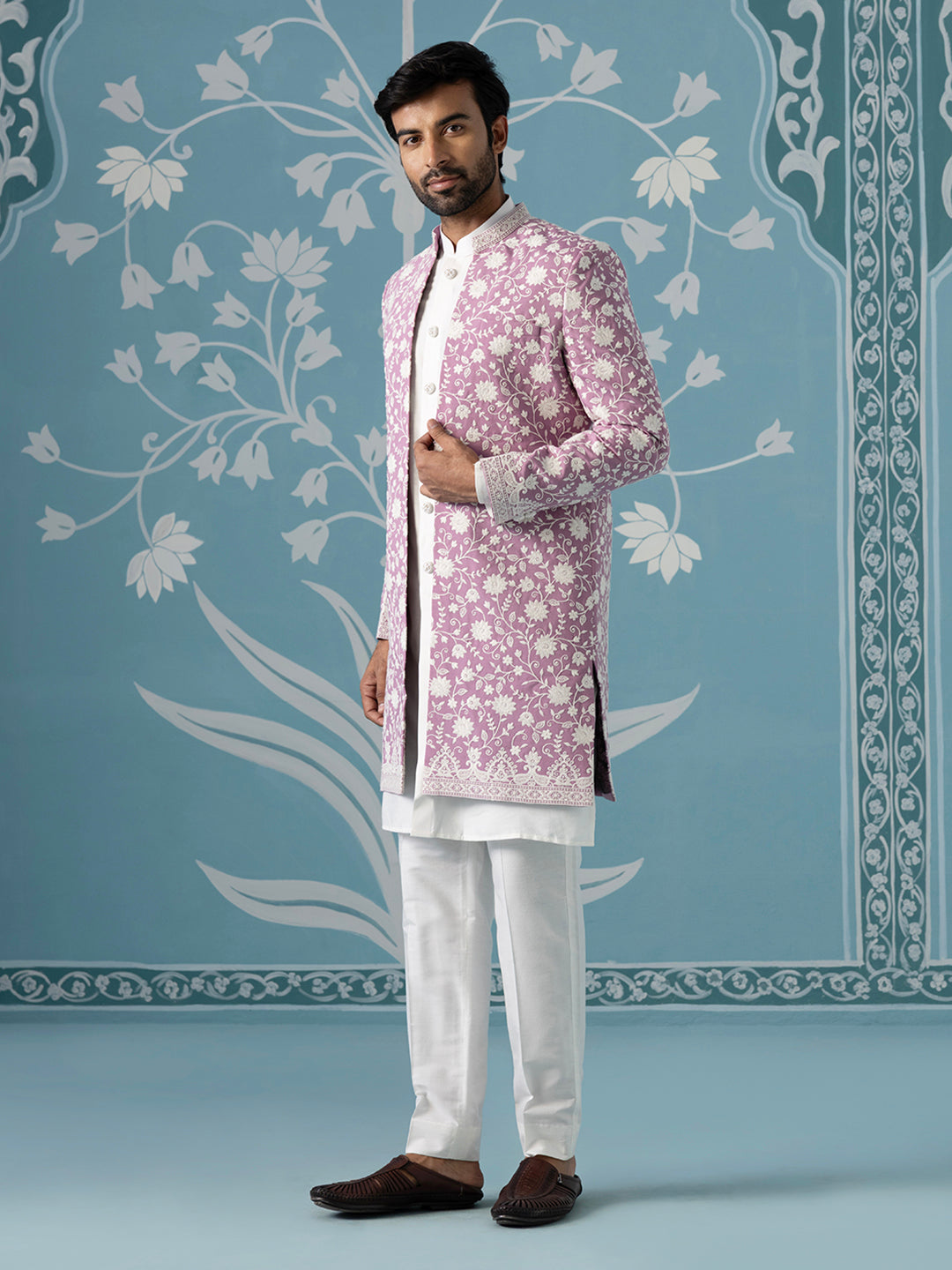 Lilac Floral Embroidered Long Jacket Set