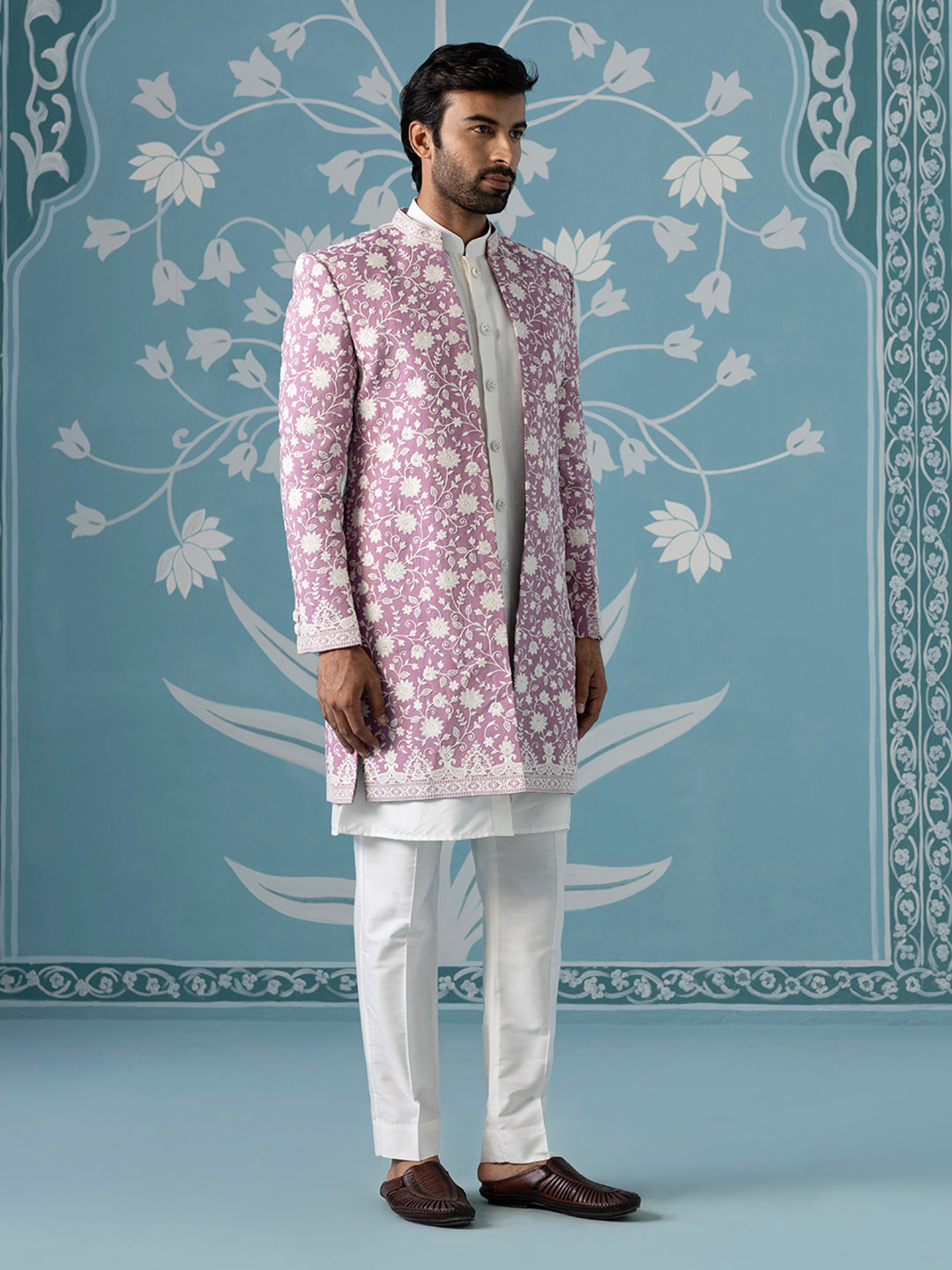 Lilac Floral Embroidered Long Jacket Set