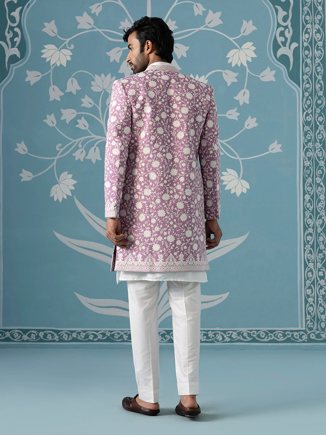 Lilac Floral Embroidered Long Jacket Set
