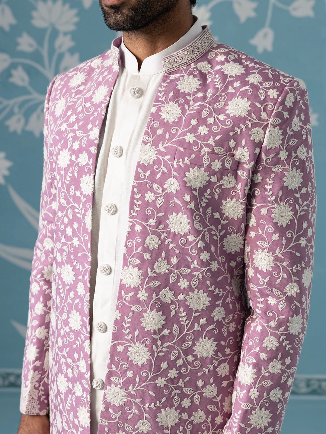Lilac Floral Embroidered Long Jacket Set