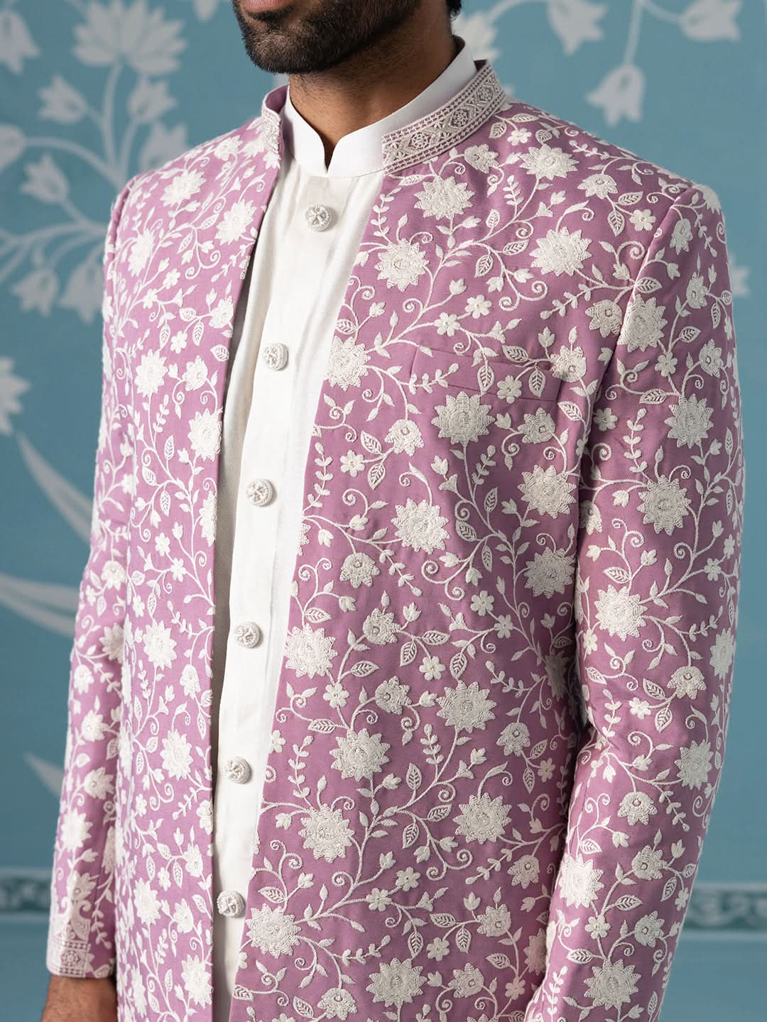 Lilac Floral Embroidered Long Jacket Set
