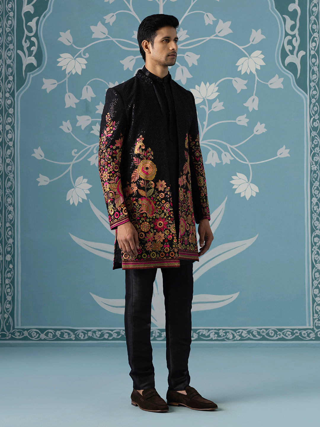 Black Floral Embroidered Long Jacket Set