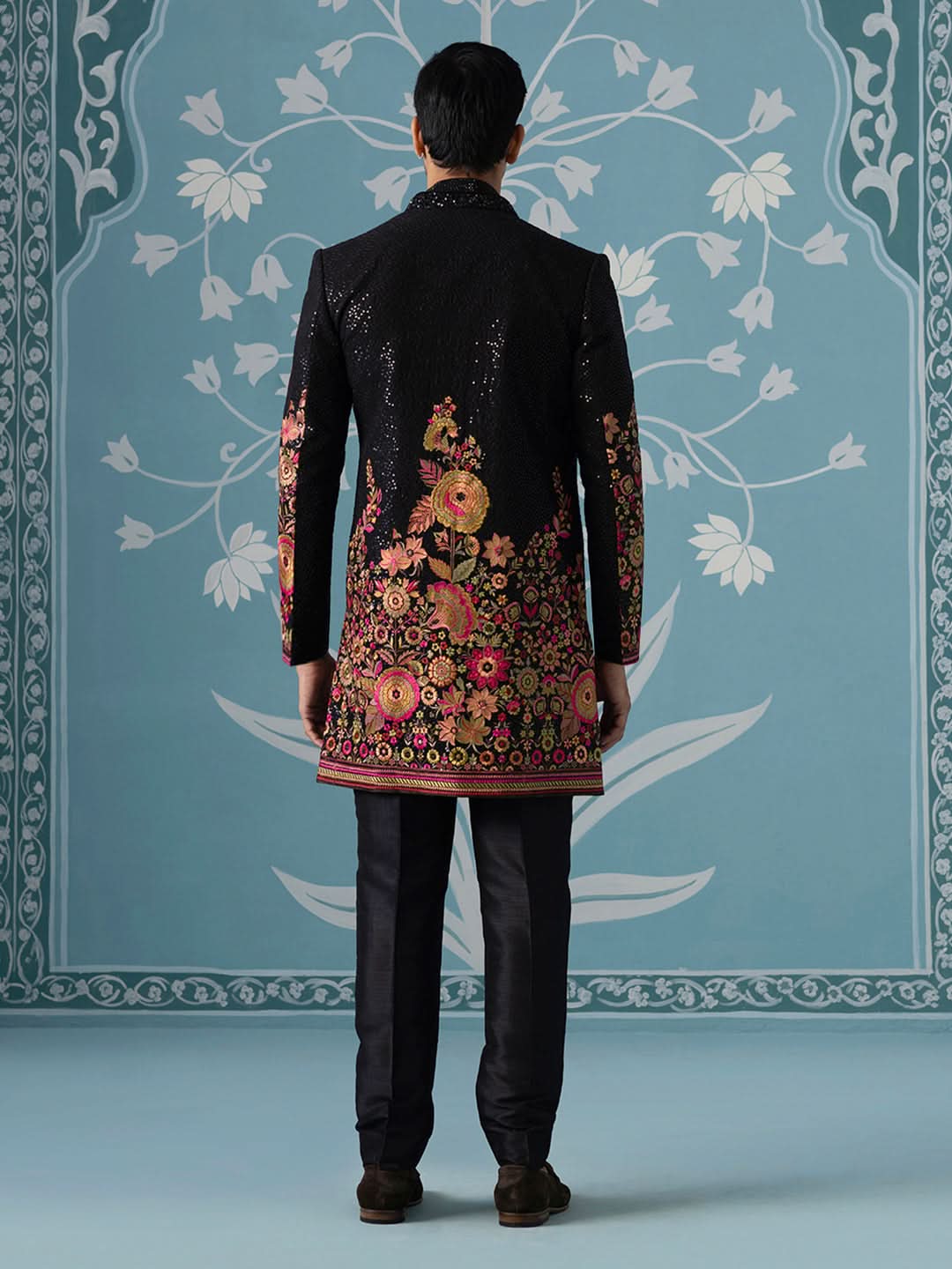 Black Floral Embroidered Long Jacket Set