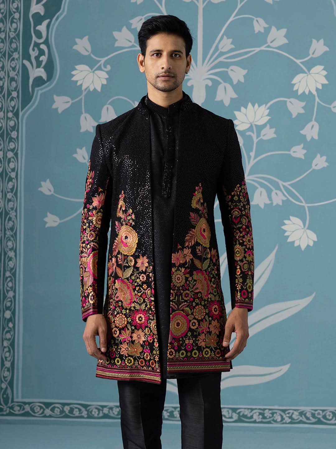 Black Floral Embroidered Long Jacket Set