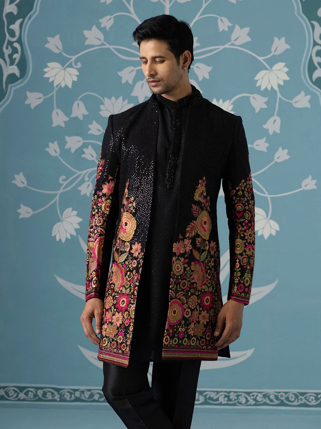 Black Floral Embroidered Long Jacket Set