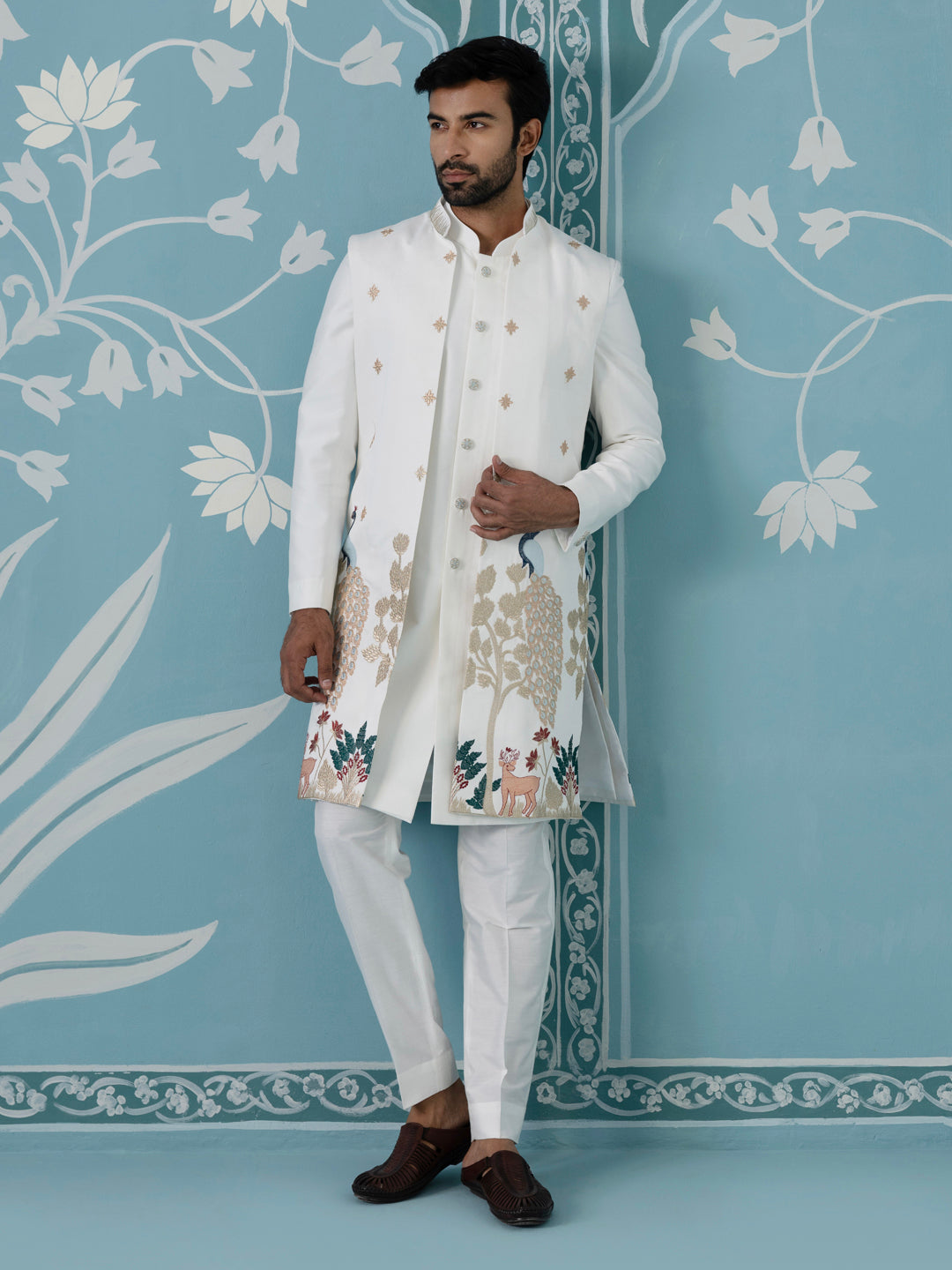 Ivory Long Embroidered Bundi with Kurta Set