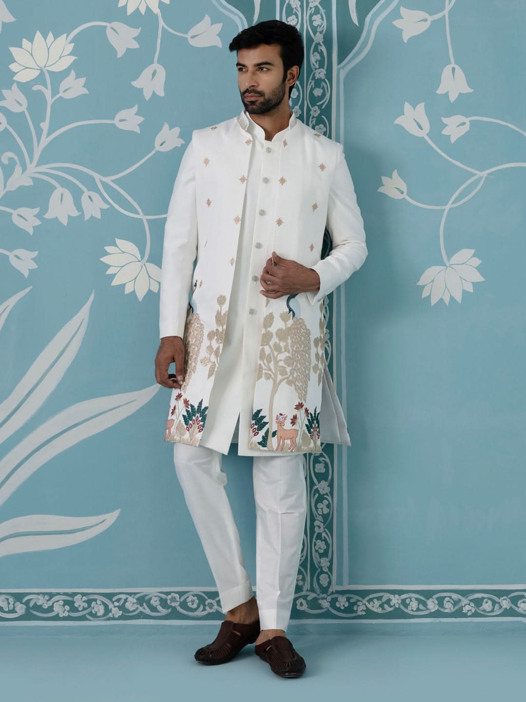Ivory Long Embroidered Bundi with Kurta Set