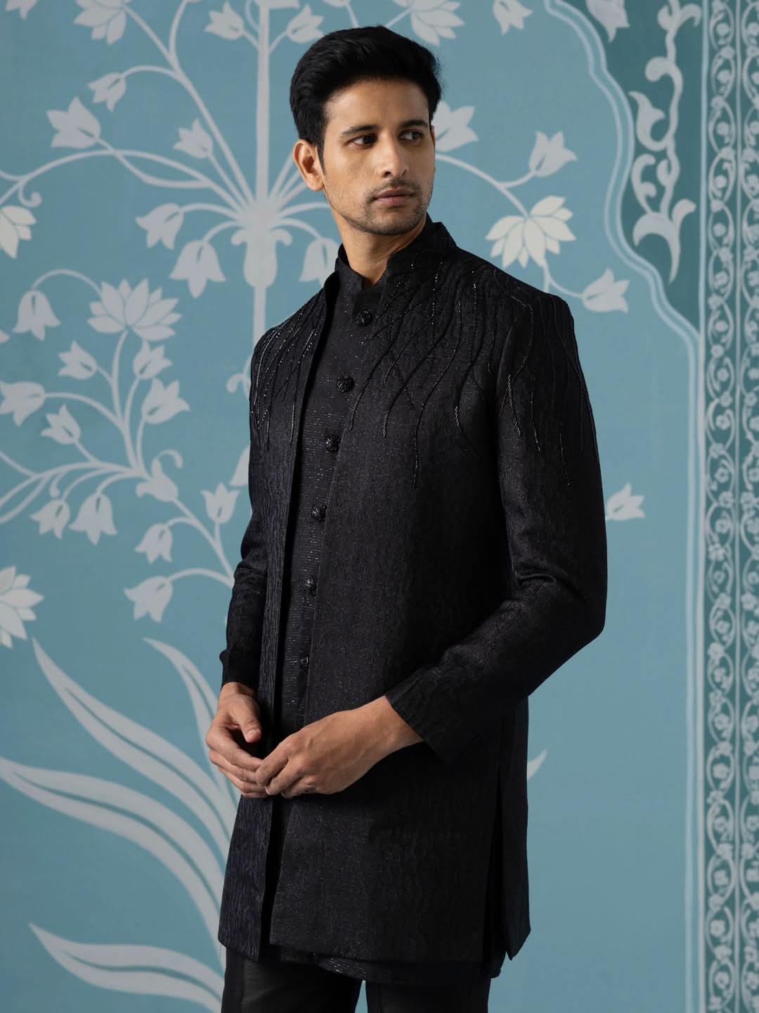 Black Textured Embroidered Open Indo Set