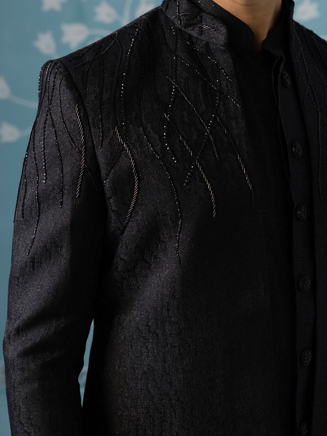 Black Textured Embroidered Open Indo Set