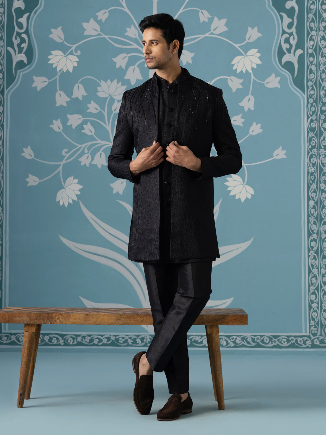 Black Textured Embroidered Open Indo Set