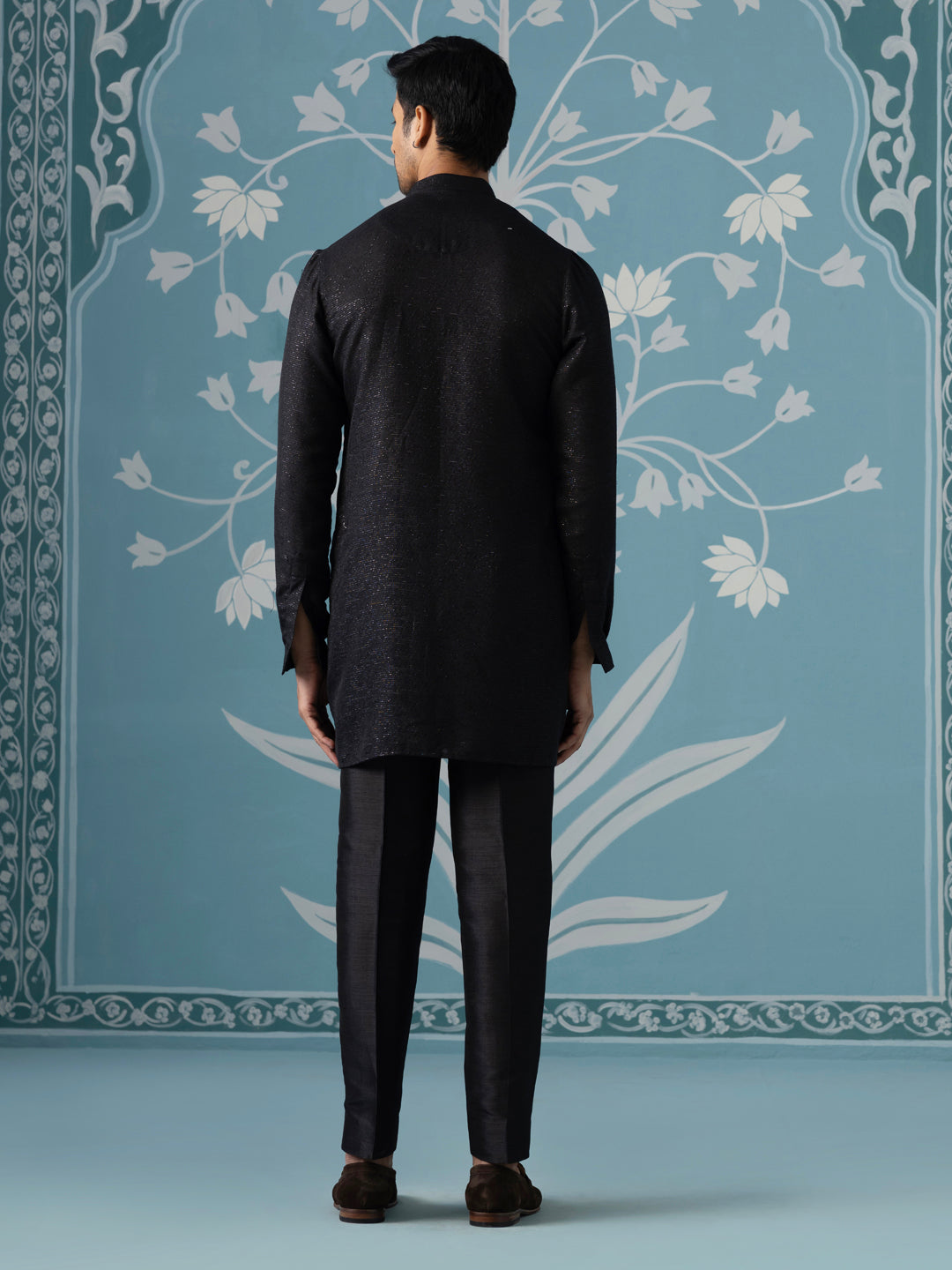 Black Textured Embroidered Open Indo Set