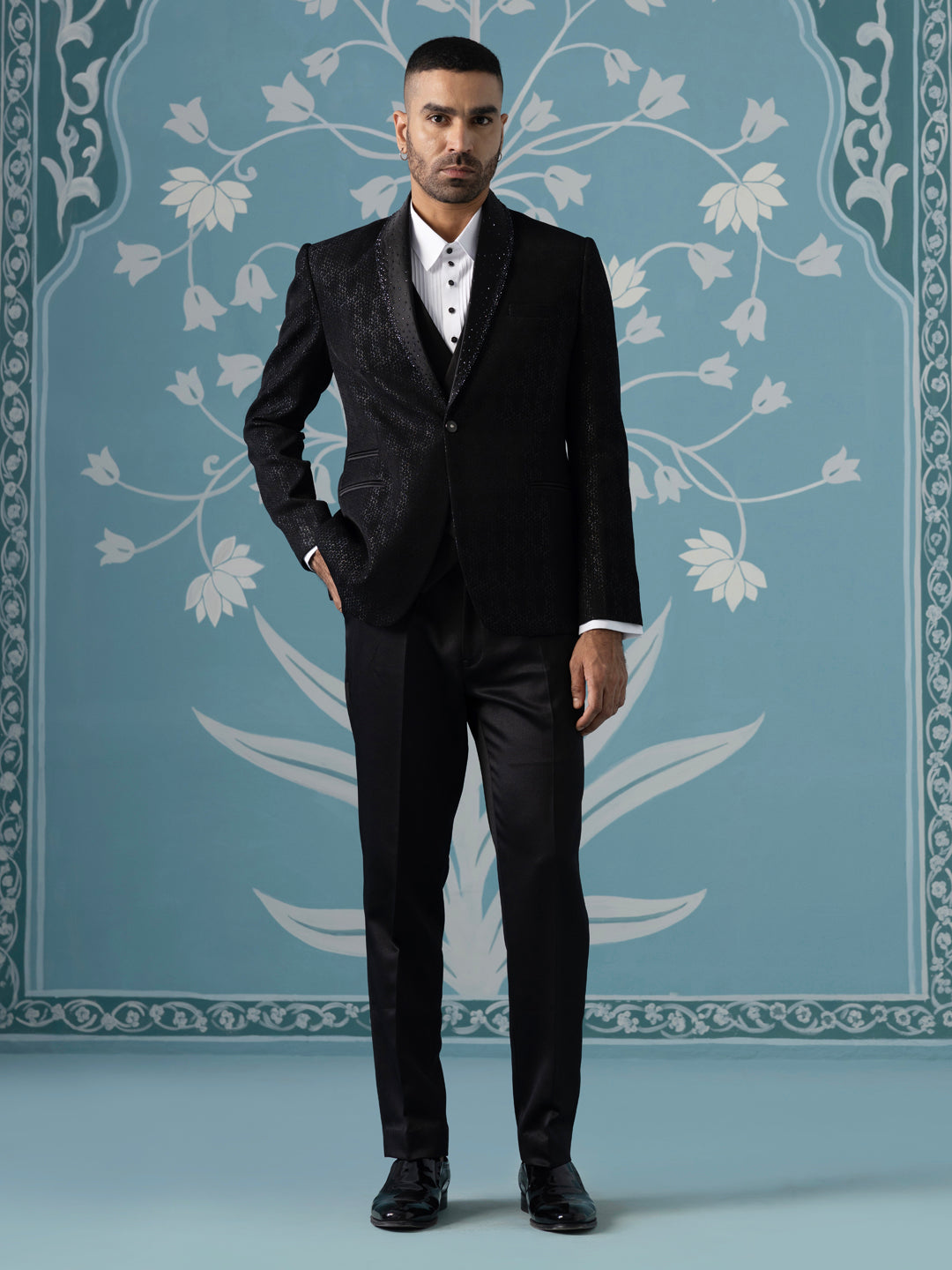 Black Self-Textured Tuxedo Set