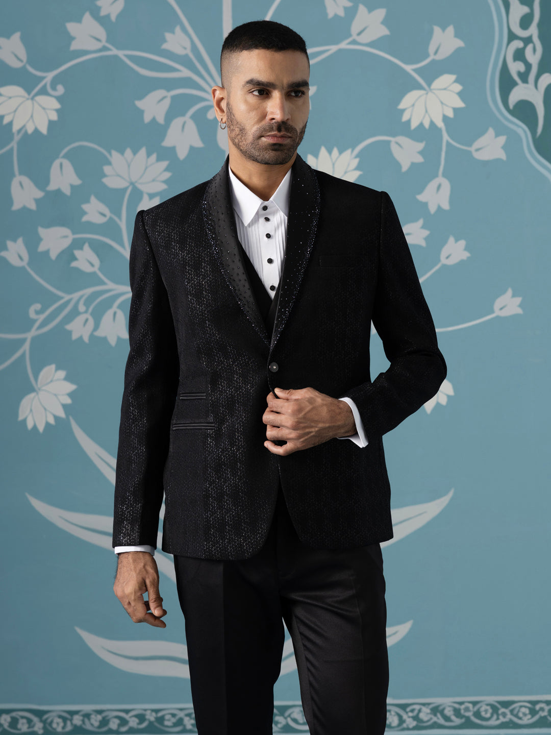 Black Self-Textured Tuxedo Set
