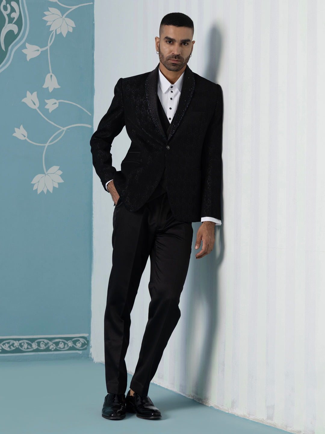 Black Self-Textured Tuxedo Set