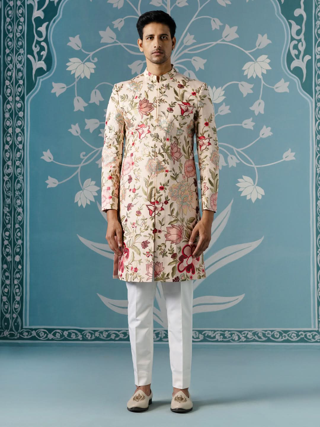Cream Textured Sherwani with All-Over Floral Embroidery Set