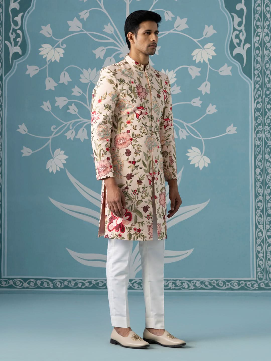 Cream Textured Sherwani with All-Over Floral Embroidery Set