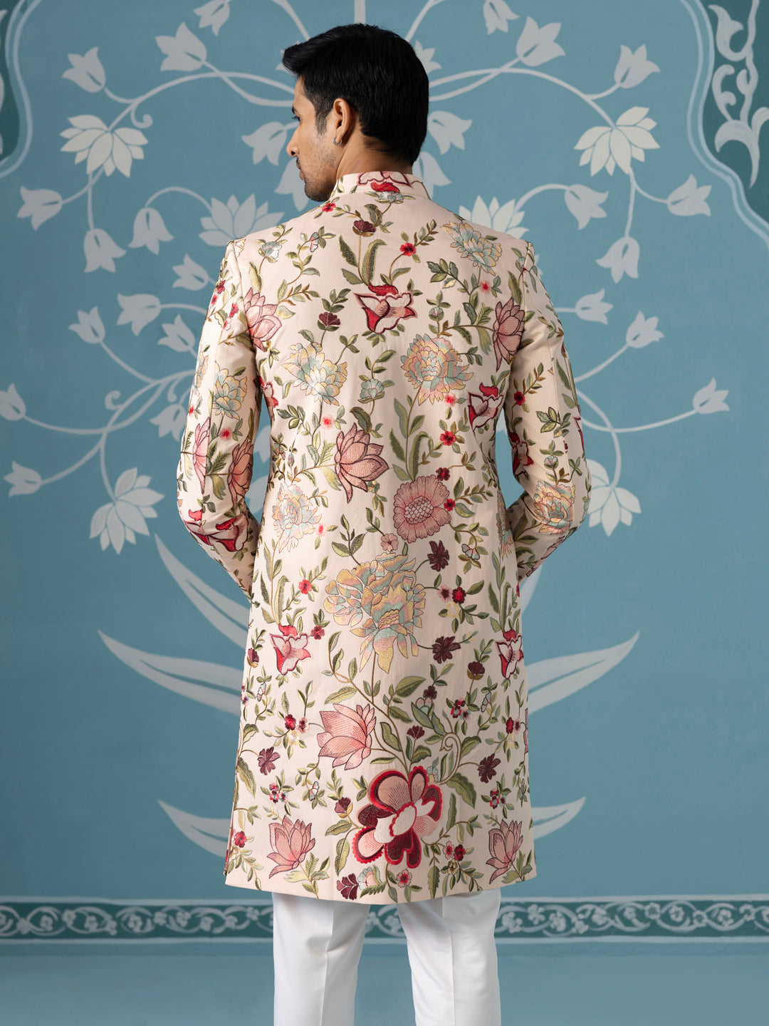 Cream Textured Sherwani with All-Over Floral Embroidery Set