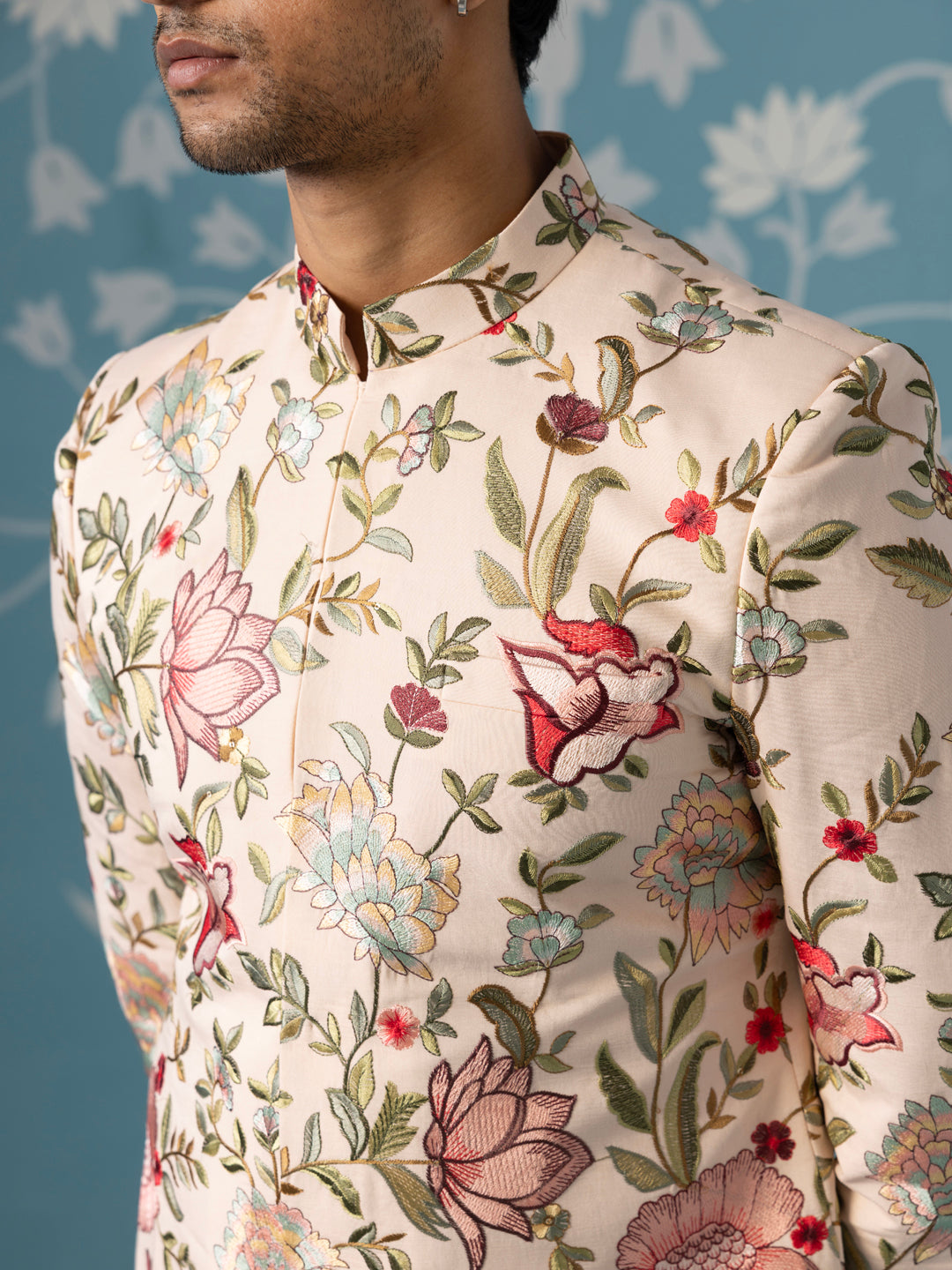 Cream Textured Sherwani with All-Over Floral Embroidery Set