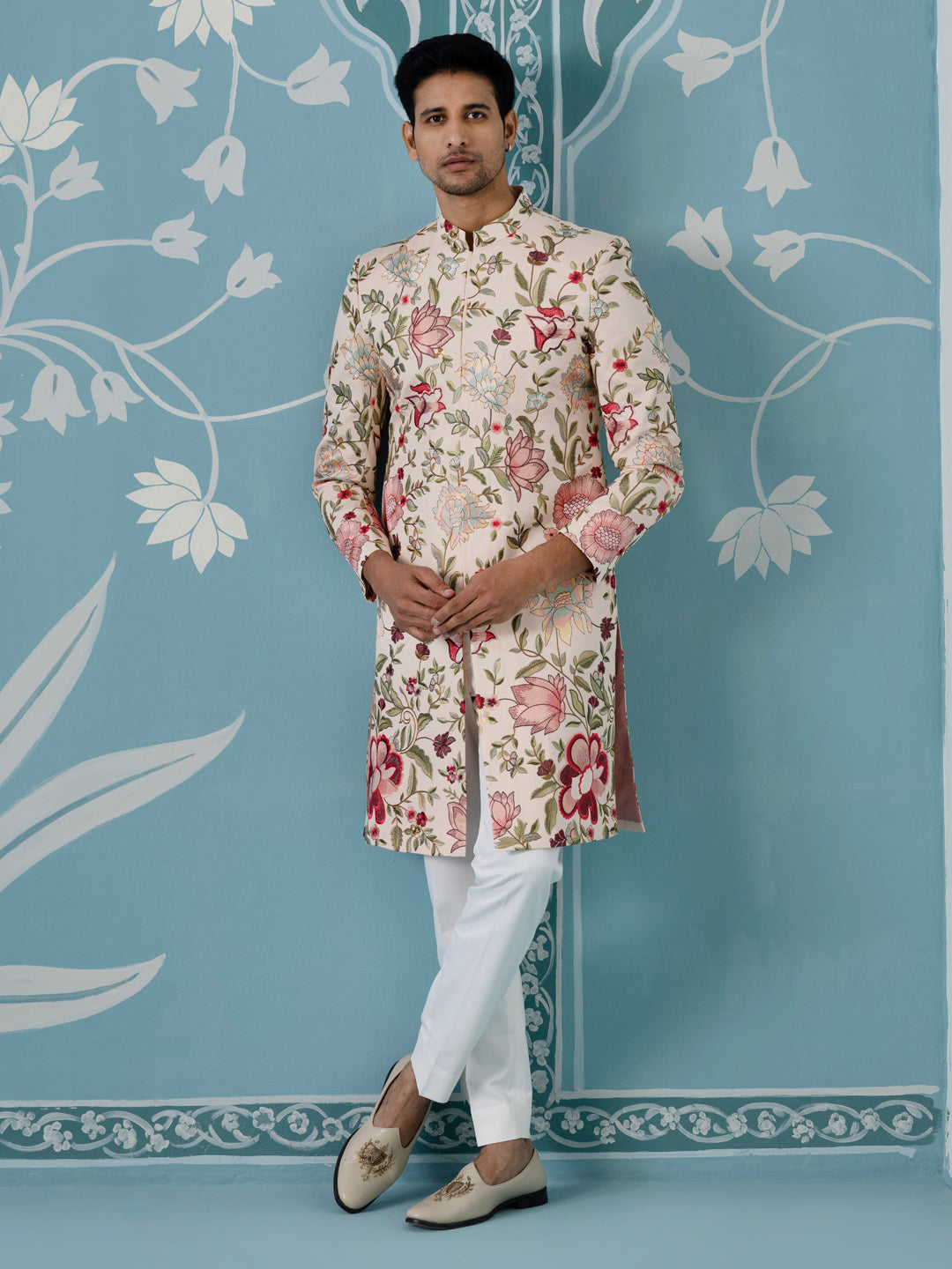 Cream Textured Sherwani with All-Over Floral Embroidery Set
