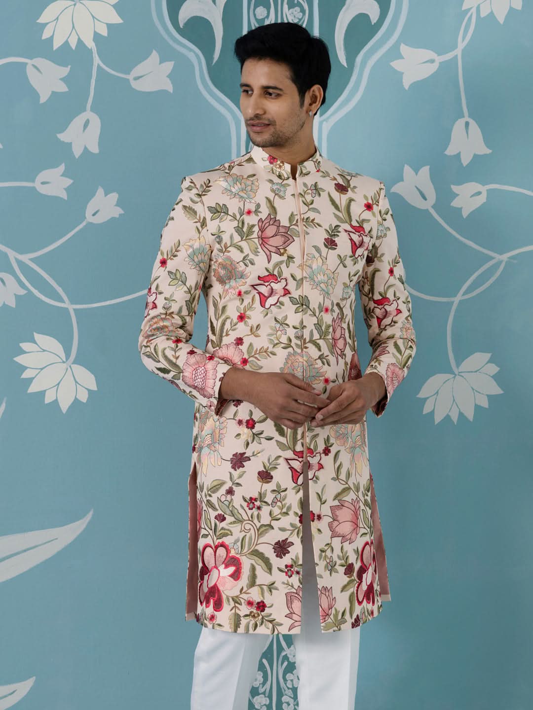 Cream Textured Sherwani with All-Over Floral Embroidery Set