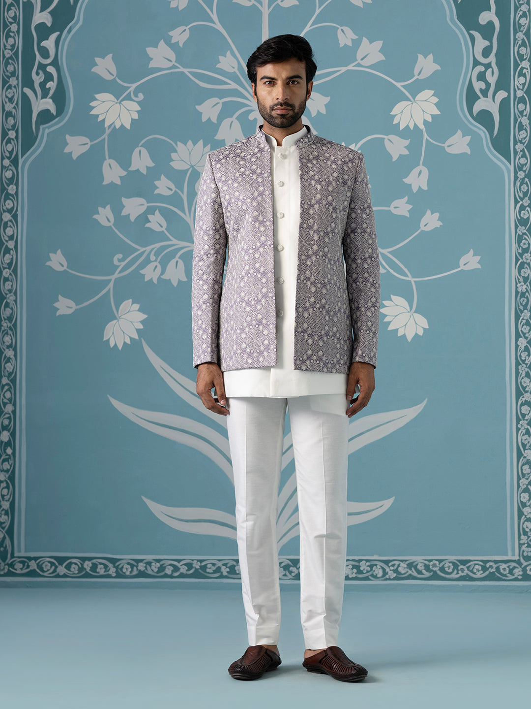 light lavender open Indo set with white embroidery