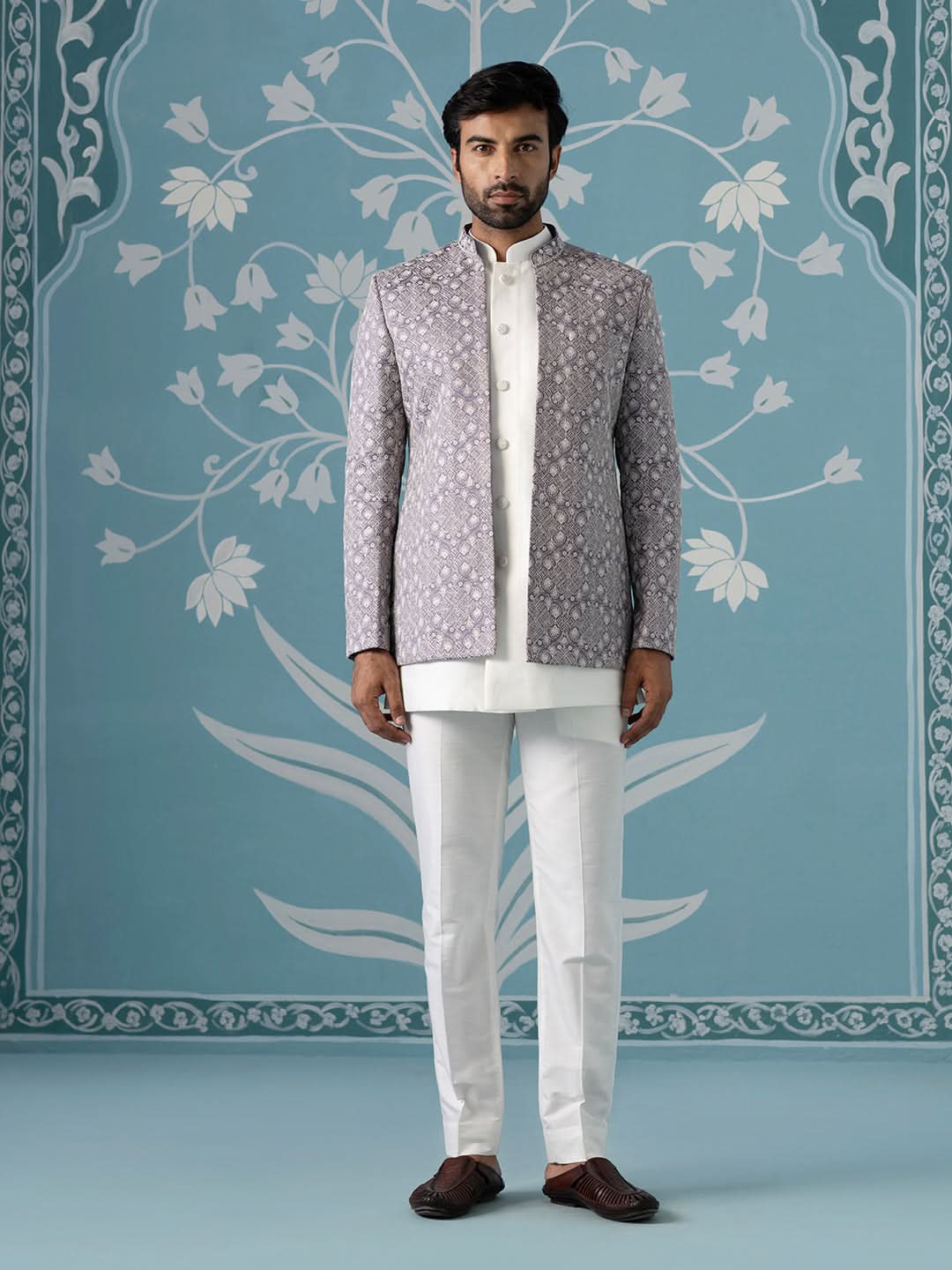 light lavender open Indo set with white embroidery