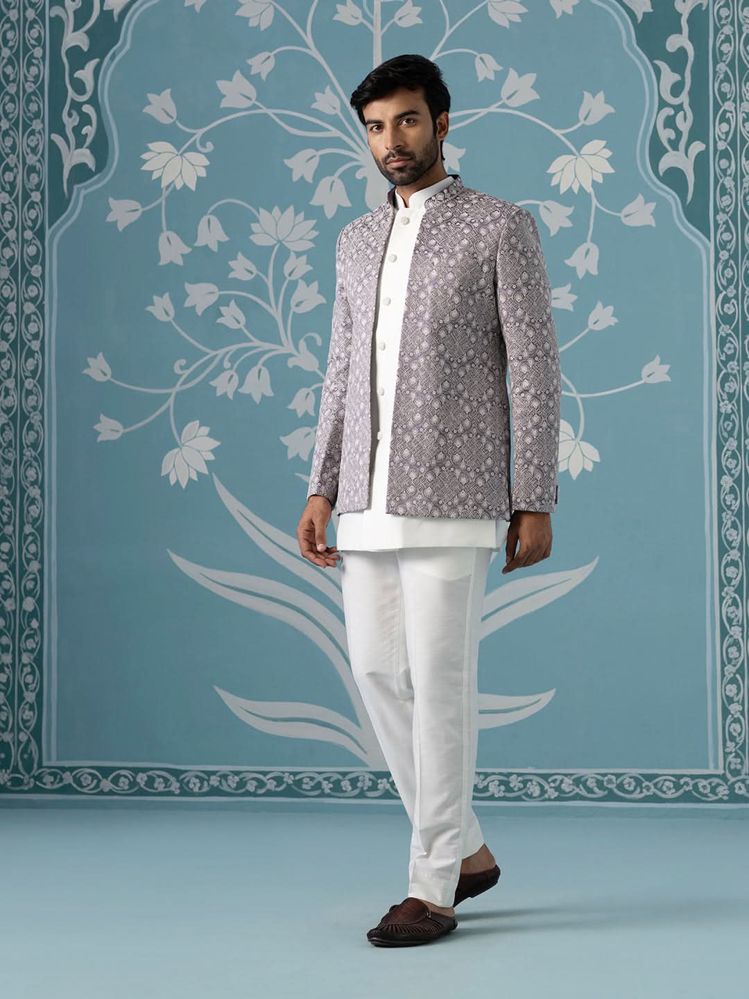 light lavender open Indo set with white embroidery