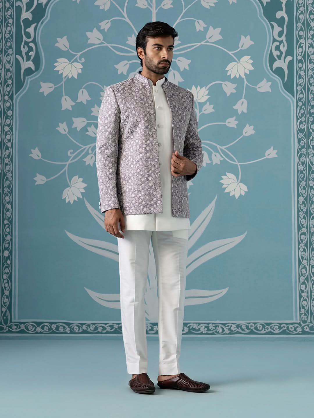 light lavender open Indo set with white embroidery