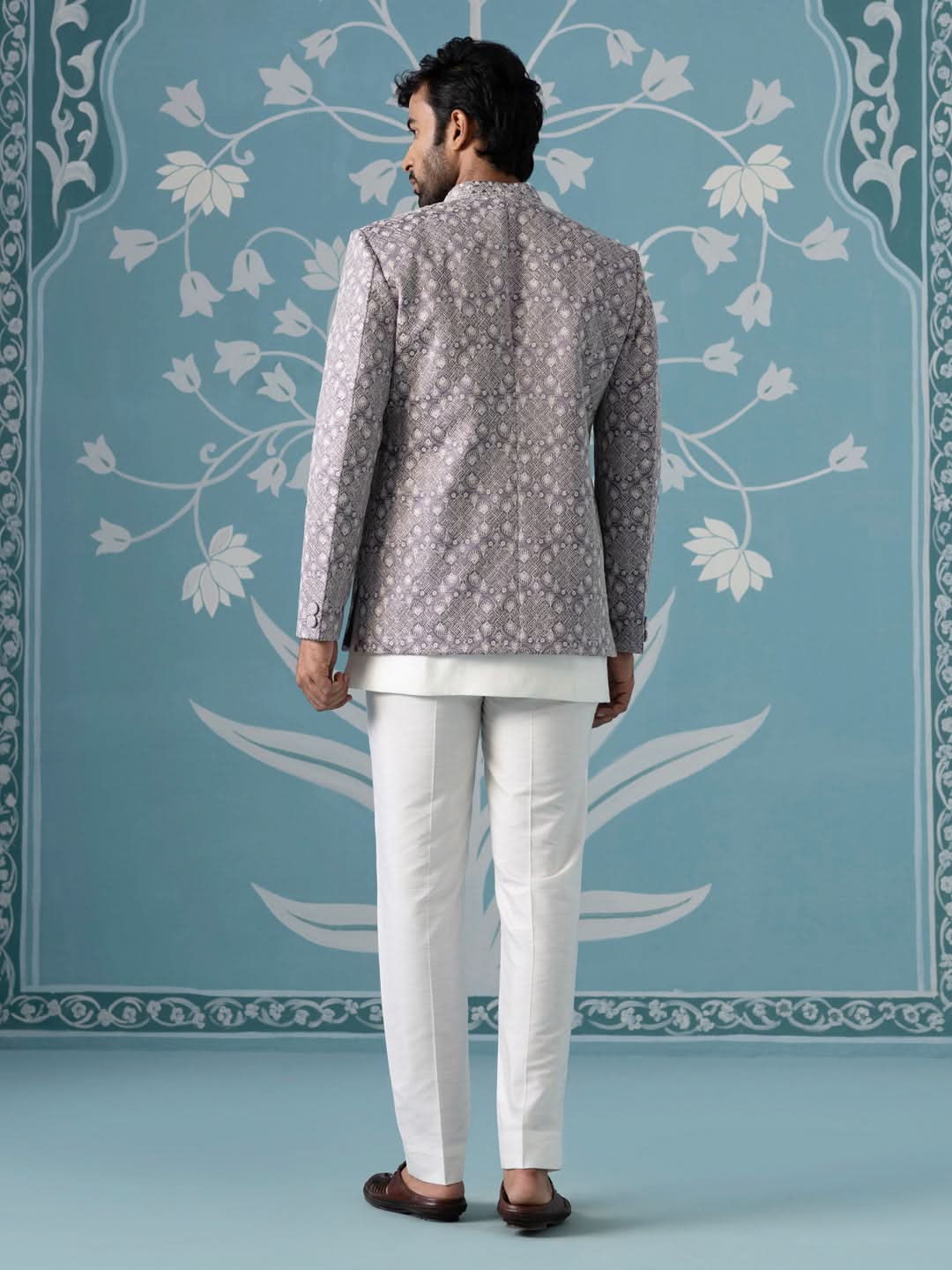 light lavender open Indo set with white embroidery