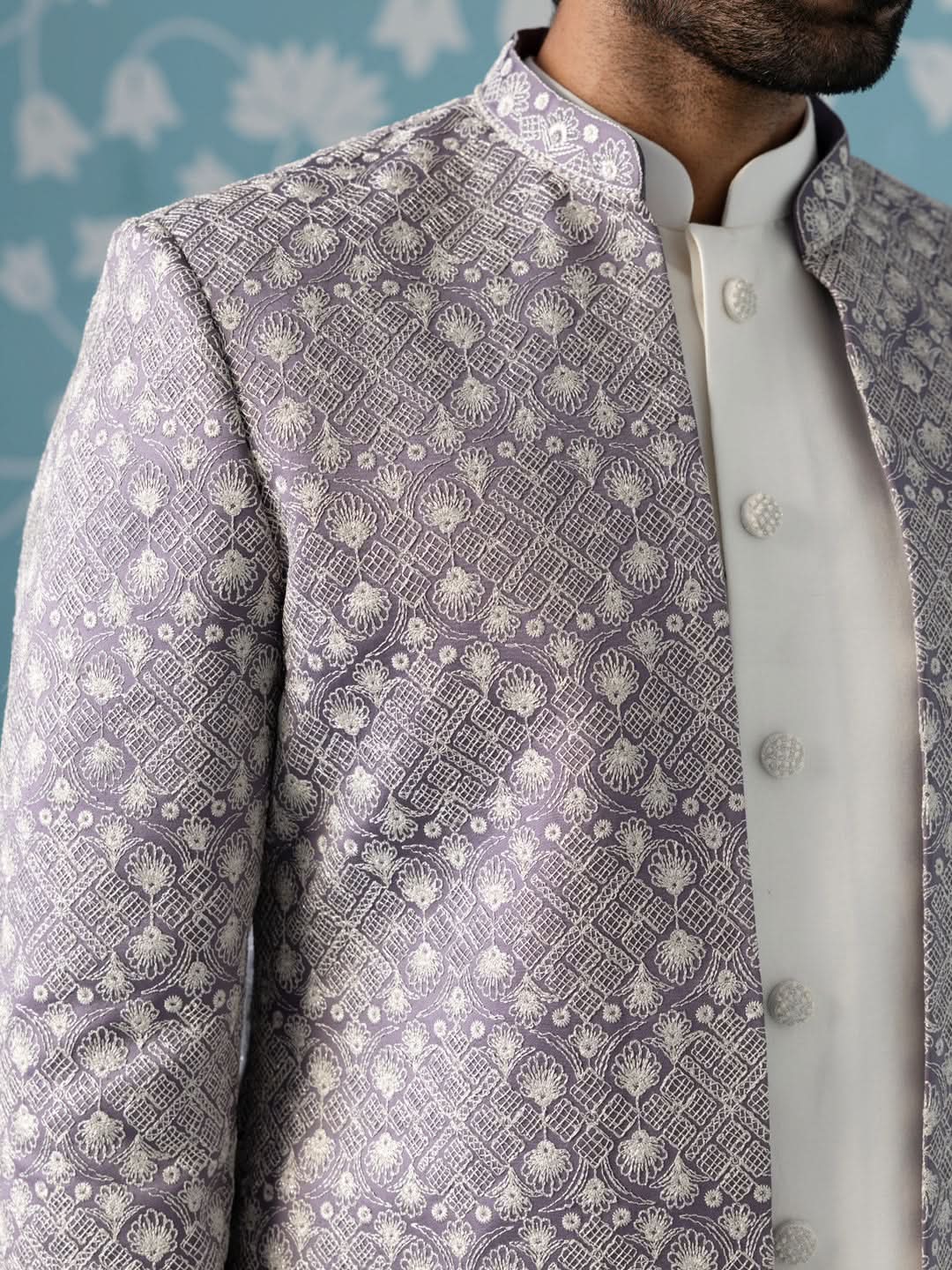 light lavender open Indo set with white embroidery