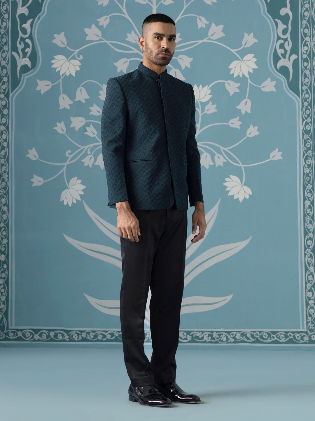 Teal Blue Textured Bandhgala Suit