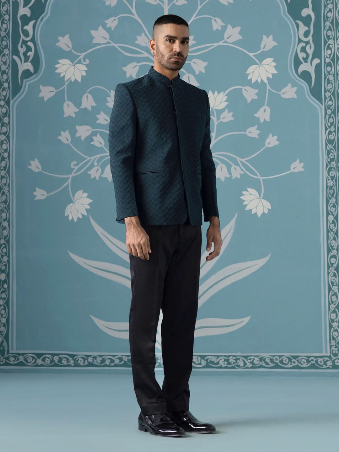 Teal Blue Textured Bandhgala Suit