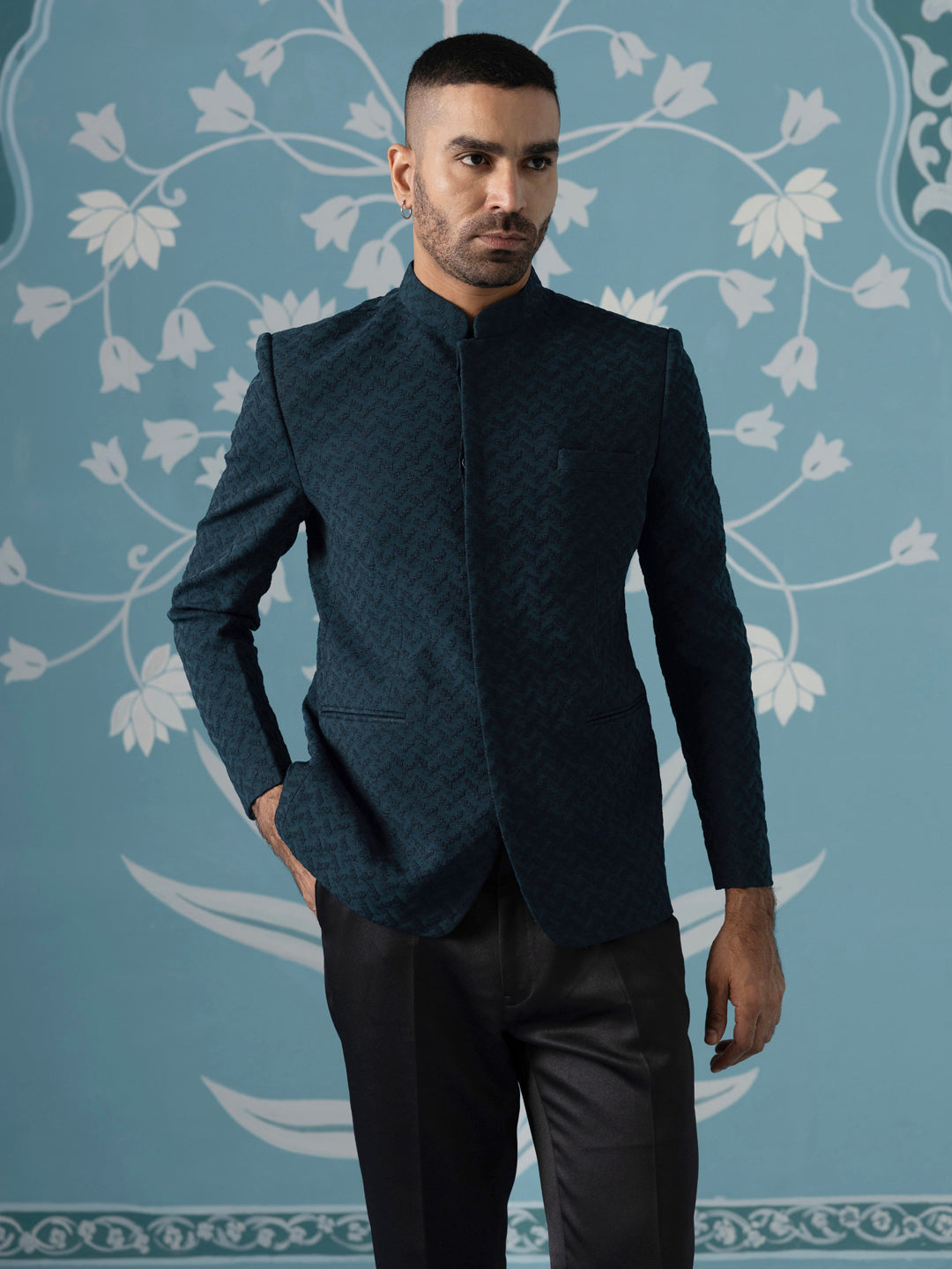 Teal Blue Textured Bandhgala Suit