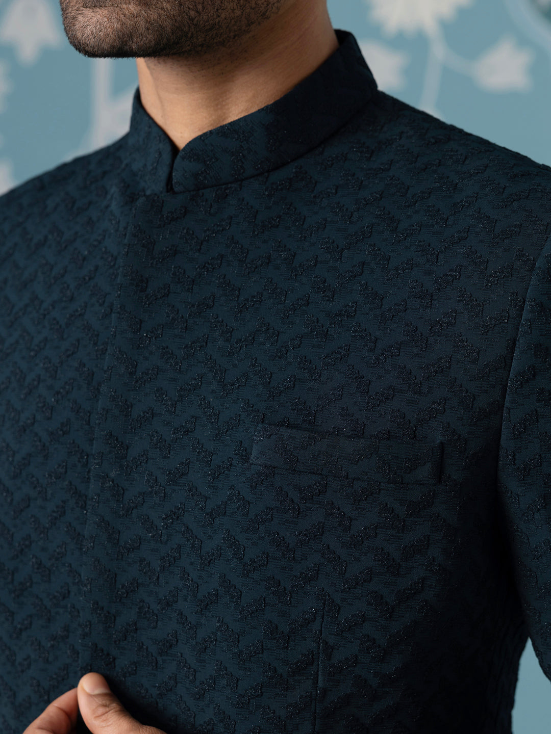 Teal Blue Textured Bandhgala Suit