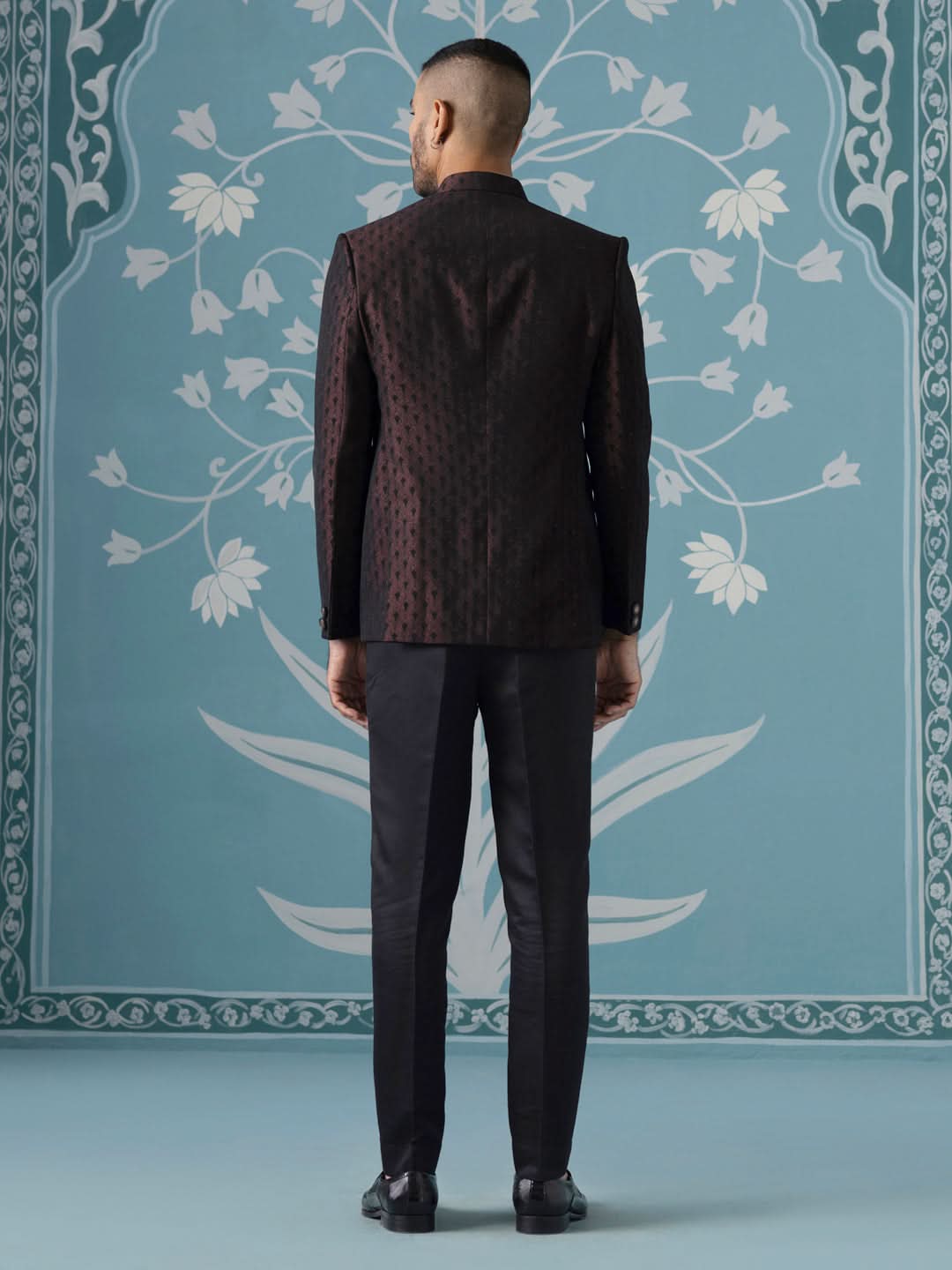 Black Maroon Textured Bandhgala Suit