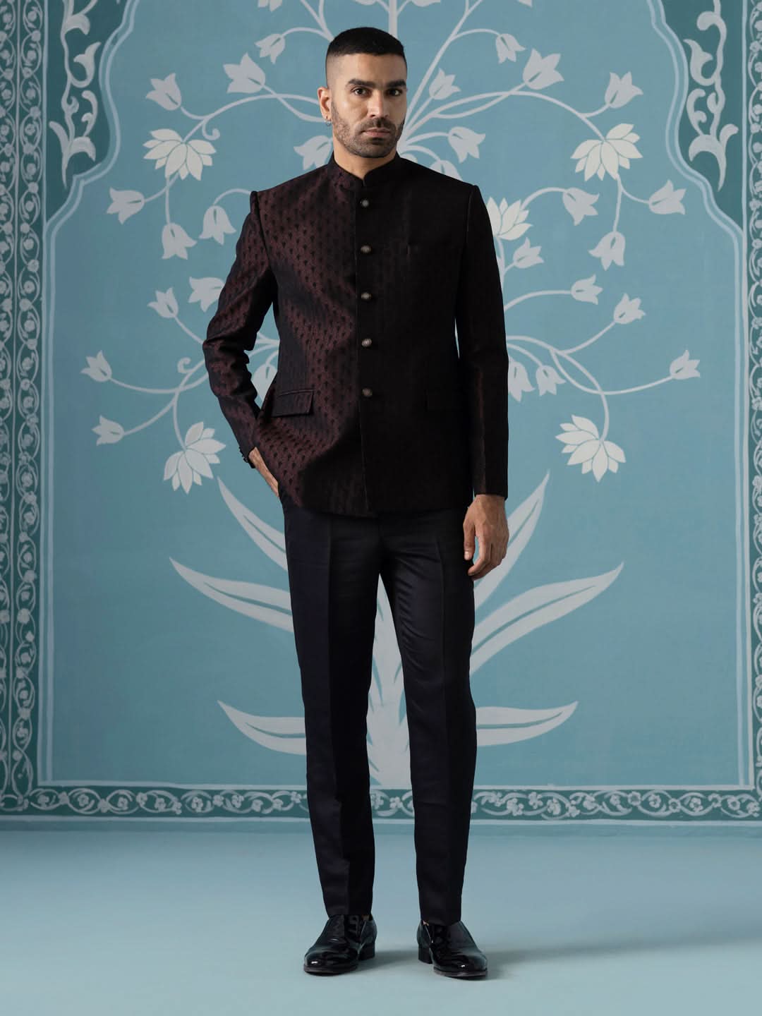 Black Maroon Textured Bandhgala Suit