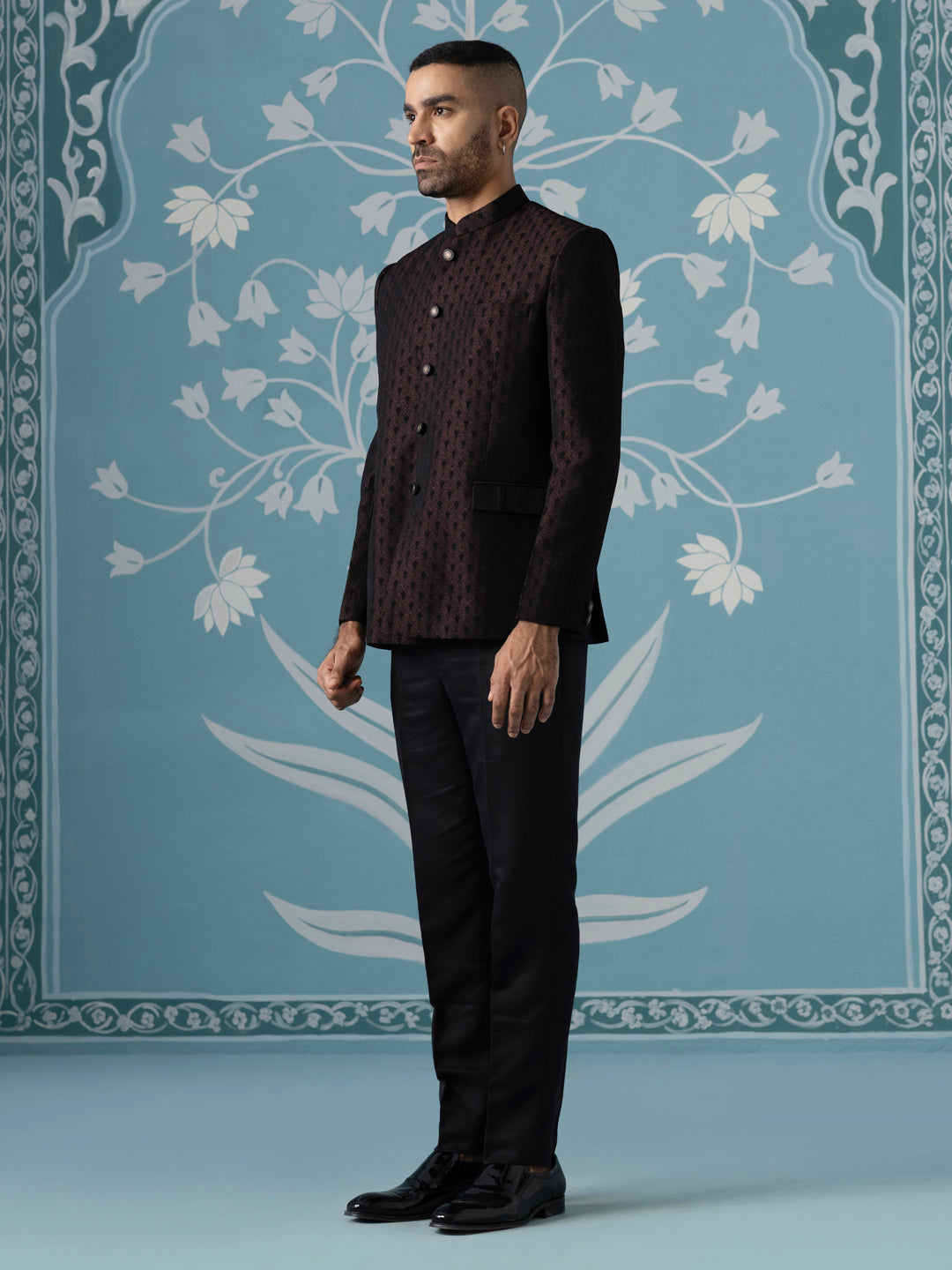 Black Maroon Textured Bandhgala Suit