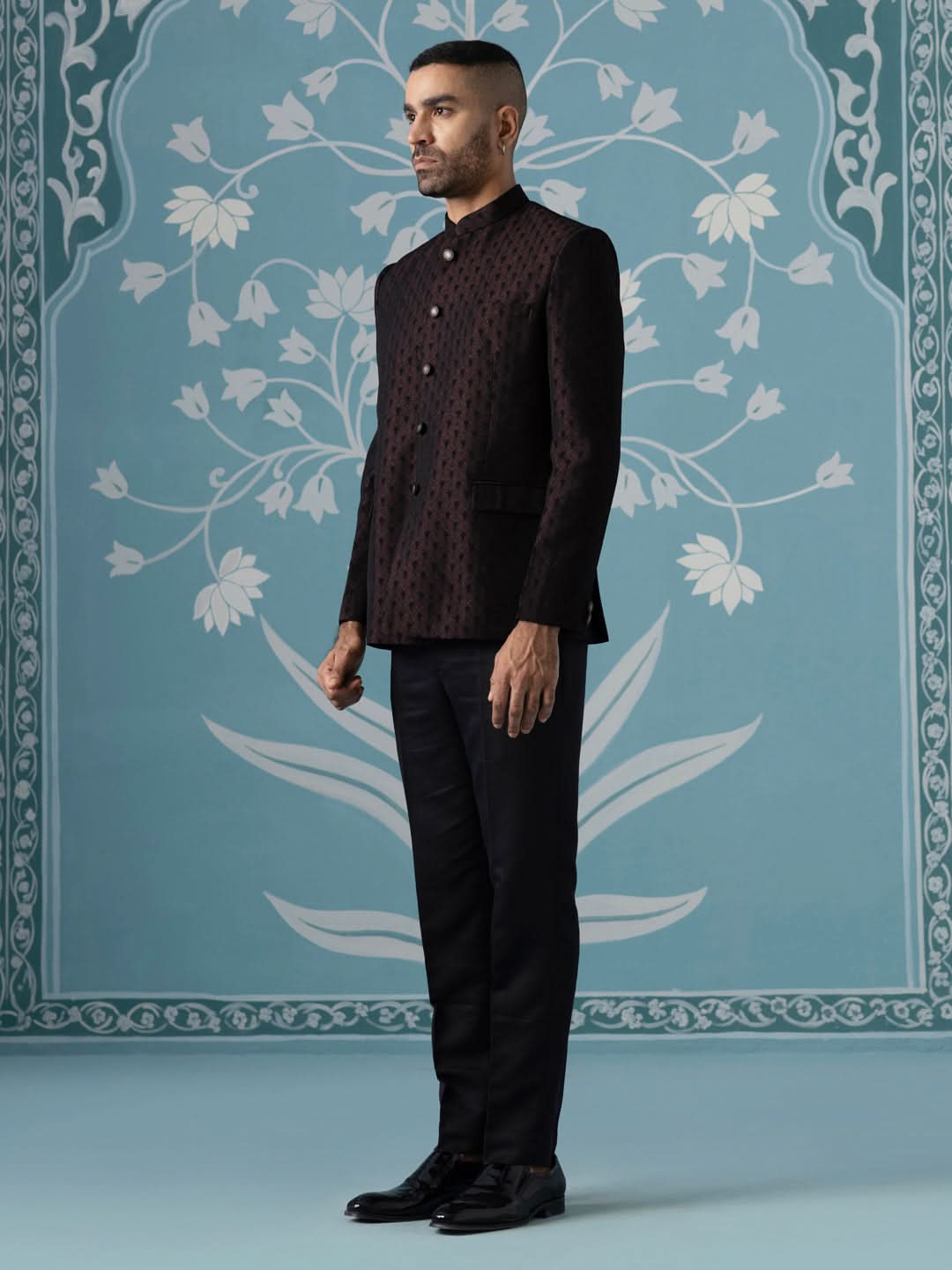 Black Maroon Textured Bandhgala Suit