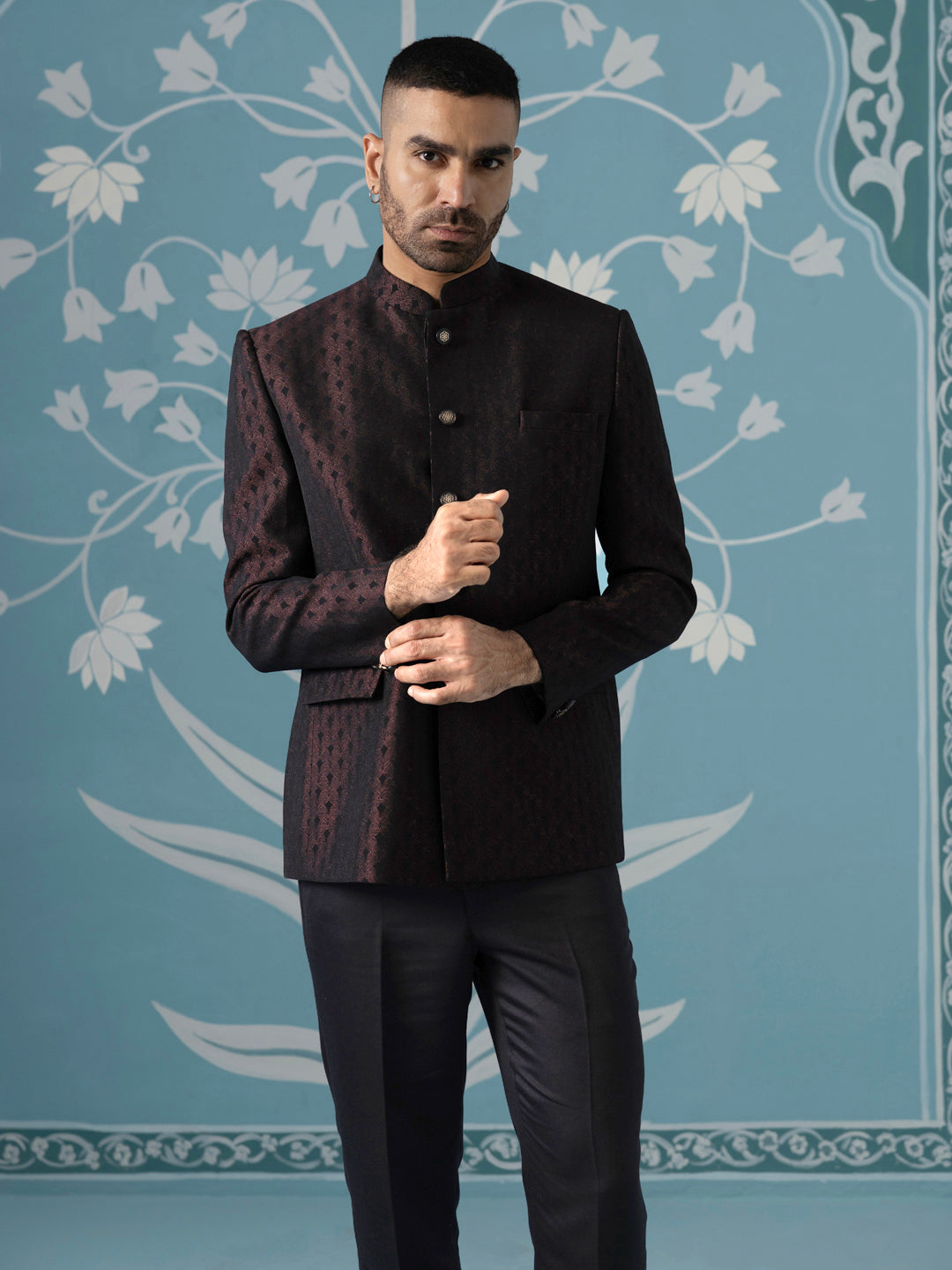 Black Maroon Textured Bandhgala Suit