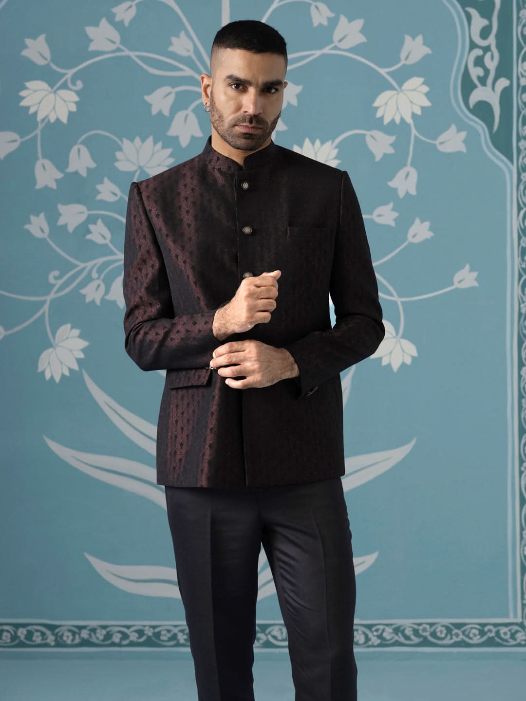 Black Maroon Textured Bandhgala Suit