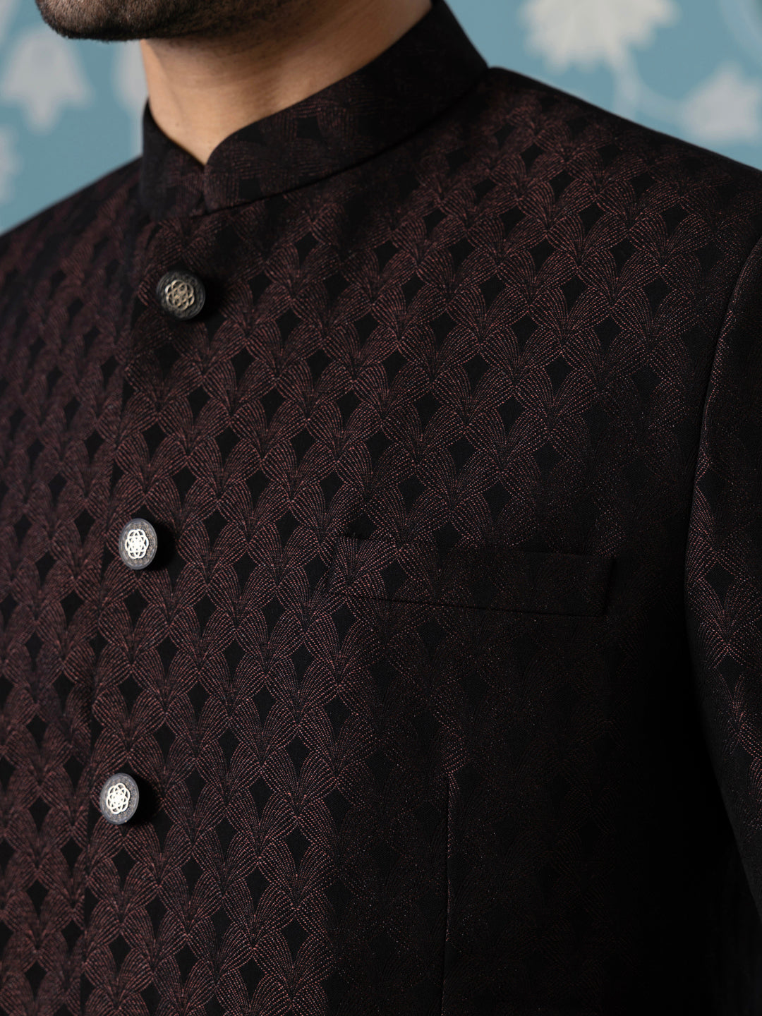 Black Maroon Textured Bandhgala Suit