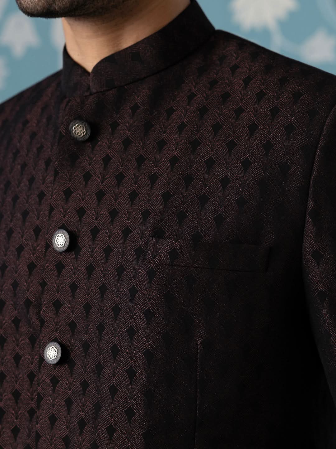 Black Maroon Textured Bandhgala Suit