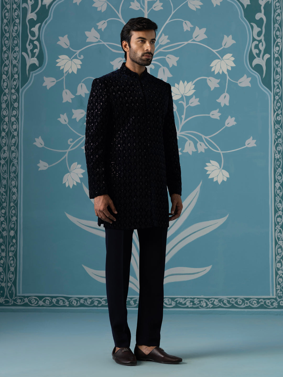 Blue Velvet Embroidered Short Indo Set