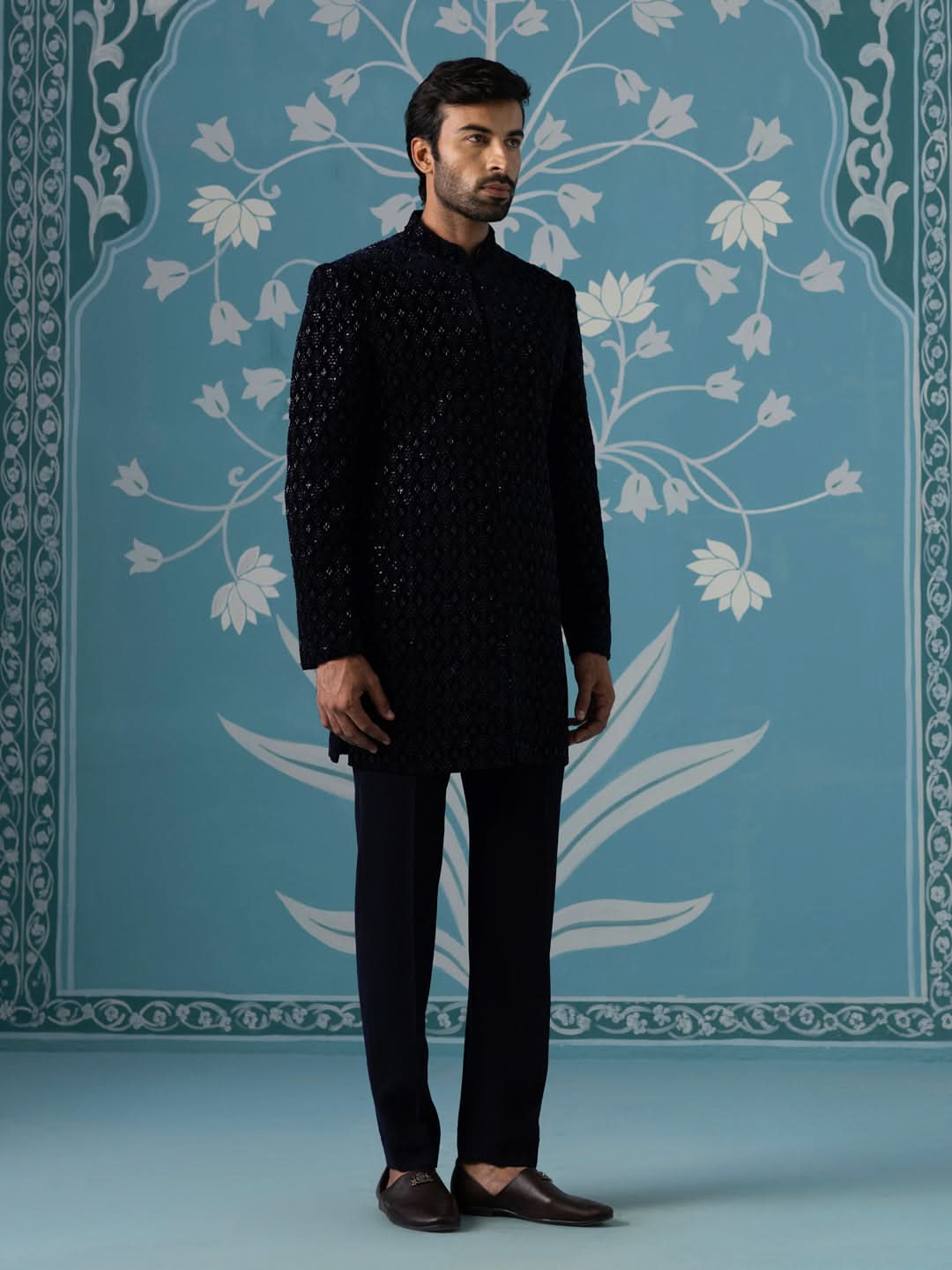 Blue Velvet Embroidered Short Indo Set