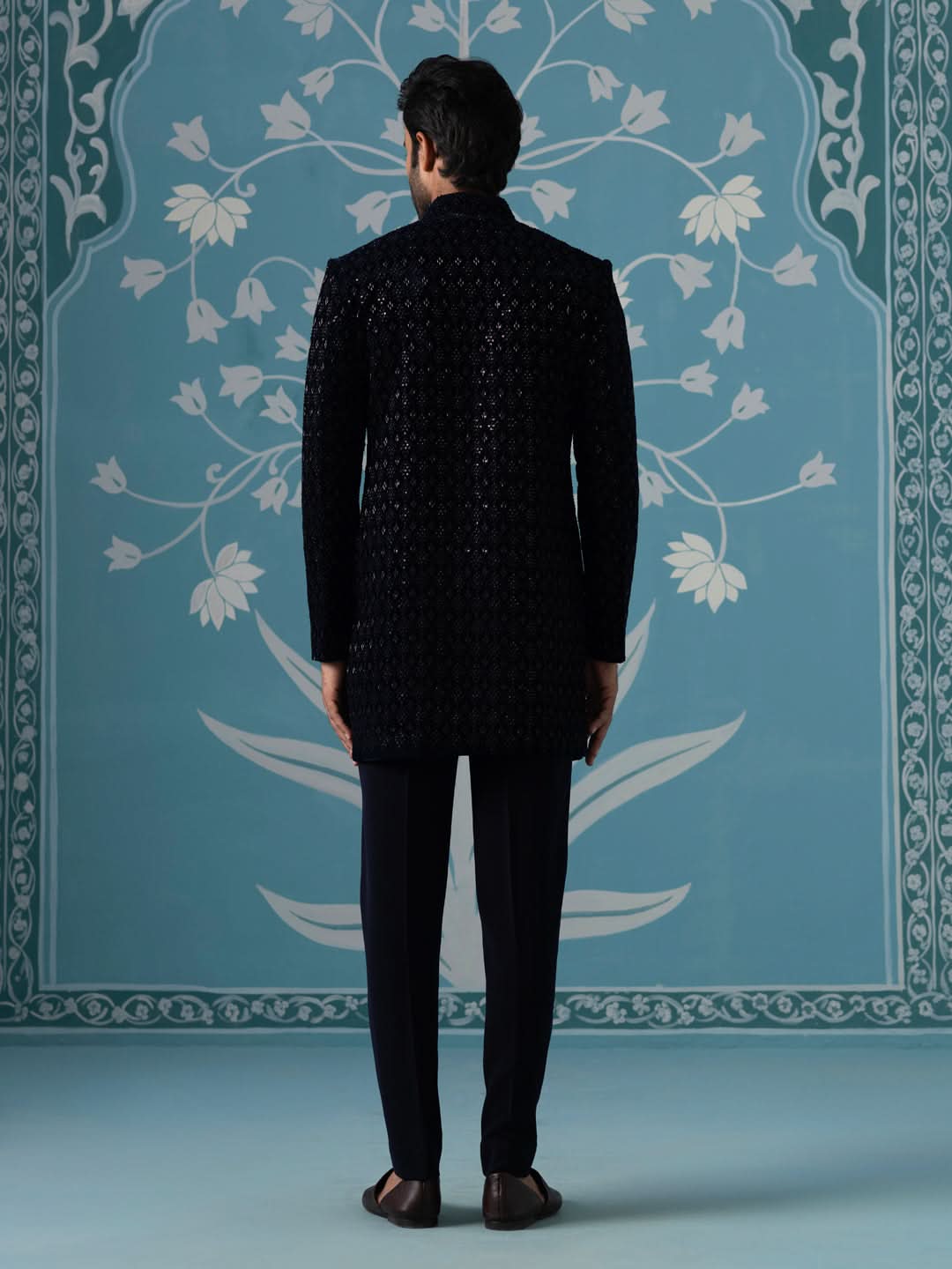 Blue Velvet Embroidered Short Indo Set