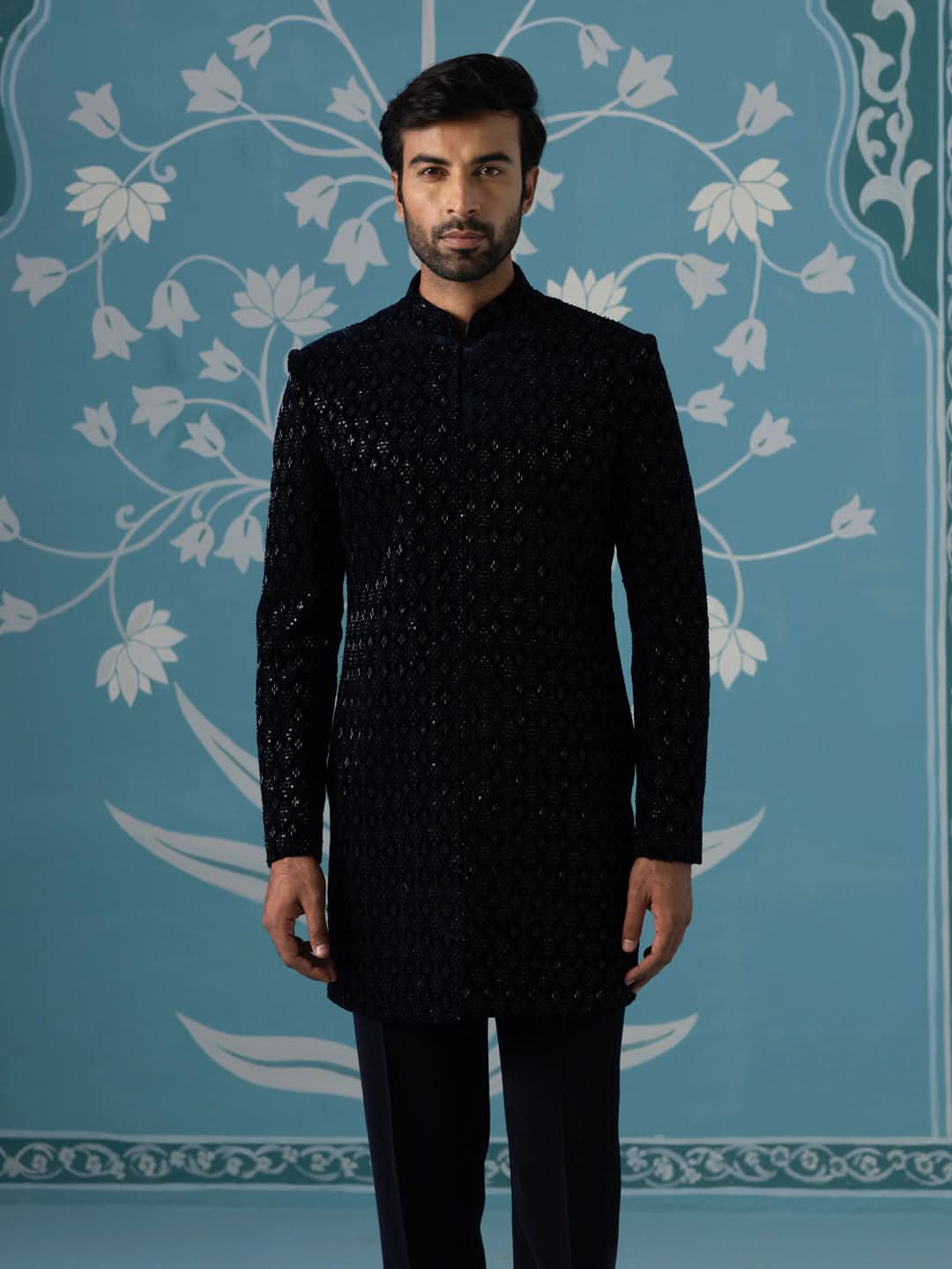 Blue Velvet Embroidered Short Indo Set