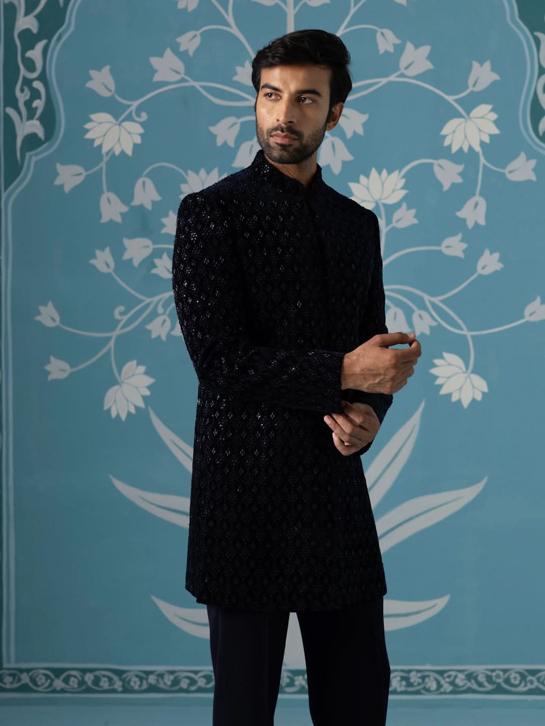 Blue Velvet Embroidered Short Indo Set